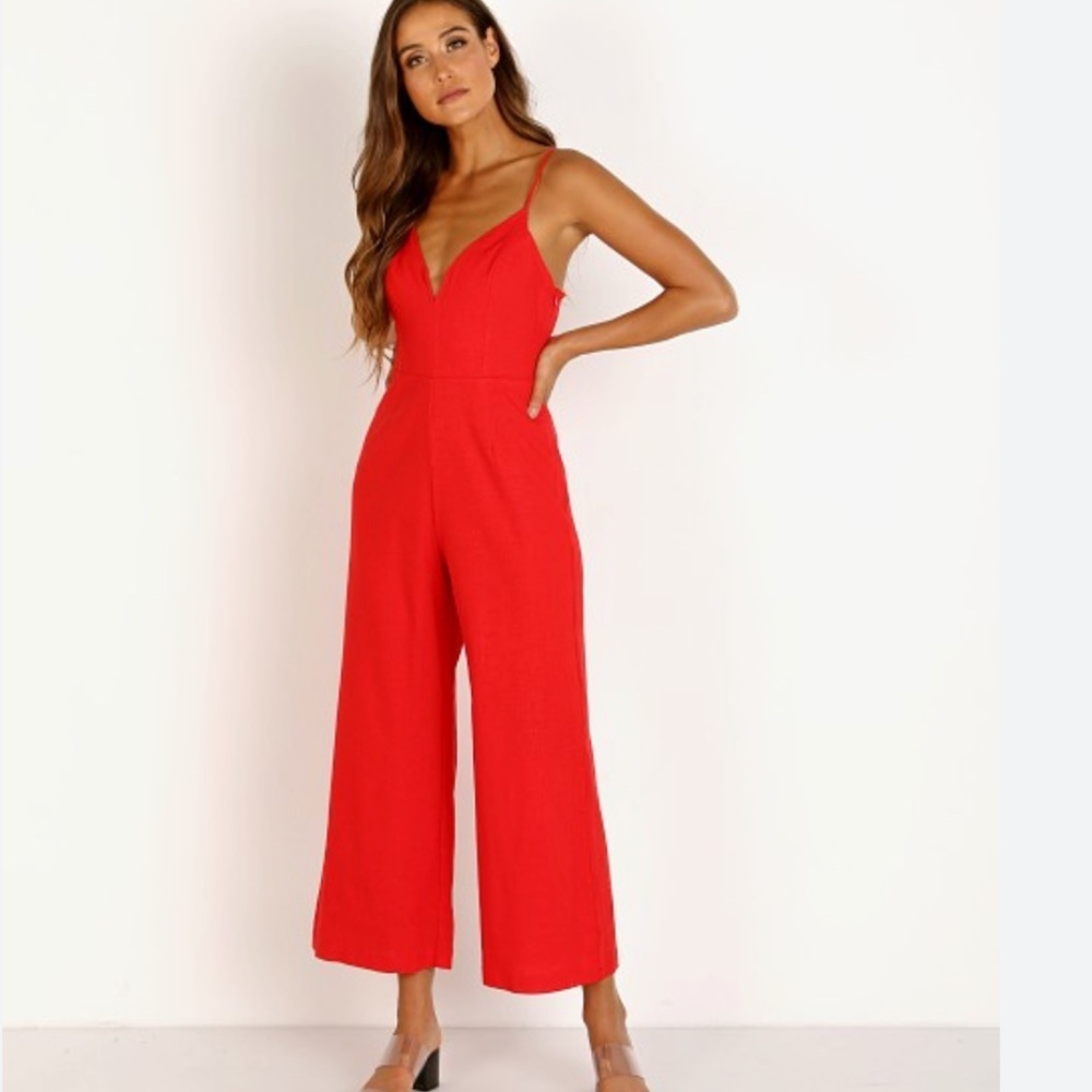 ASTR the Label Izzy Red Spagetti Strap Wide Leg Jumpsuit Romper, Medium - Picture 2 of 15